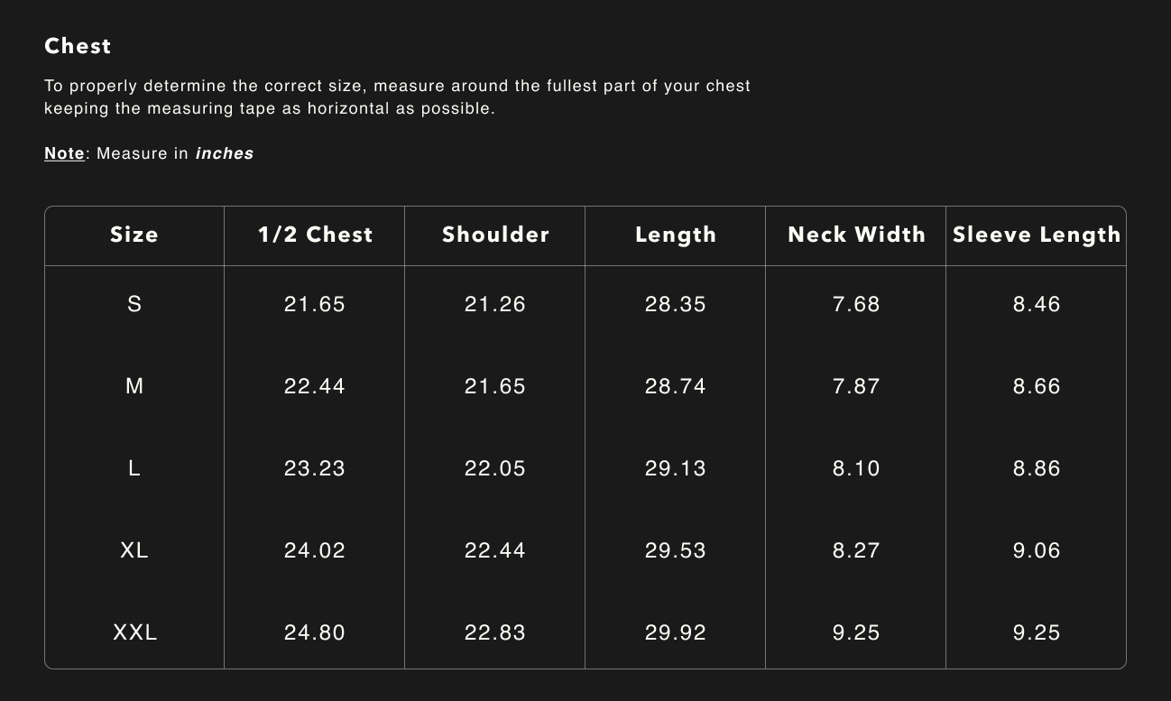 Legacy Graphic Tee size chart