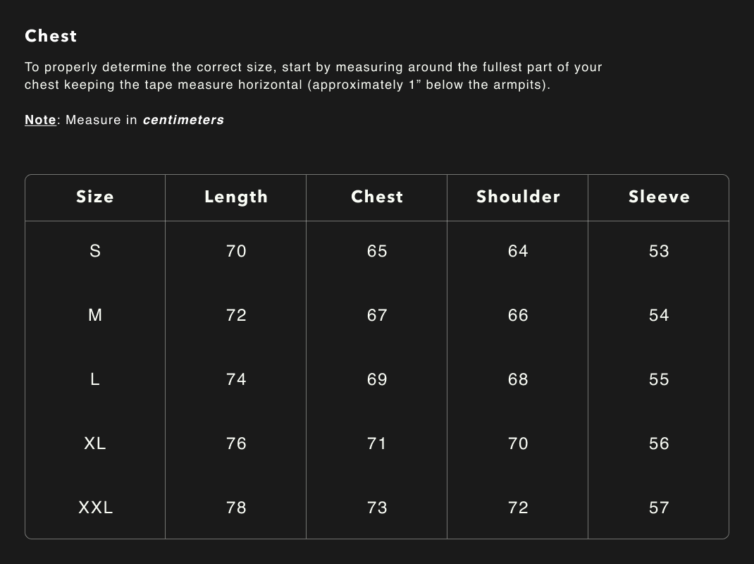 Members Only Hoodie size chart