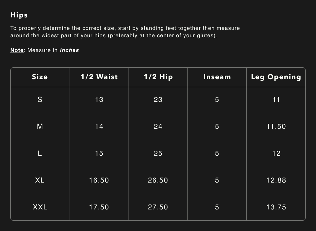 TBL Mesh Shorts size chart
