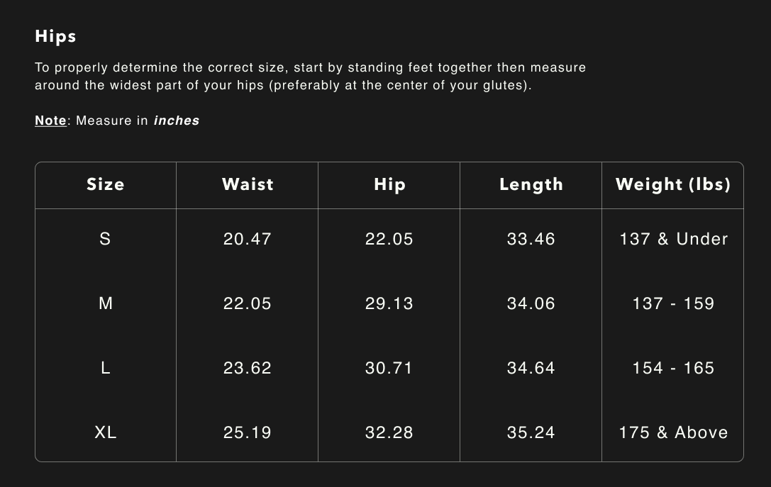 Women's Signature Leggings size chart