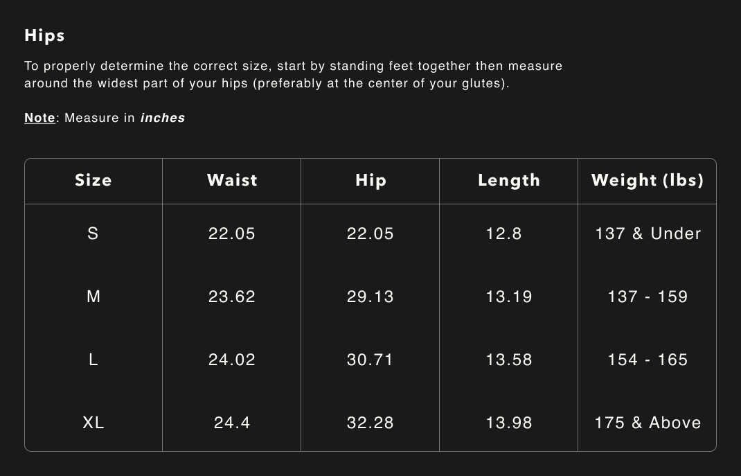 Women's Signature Shorts size chart