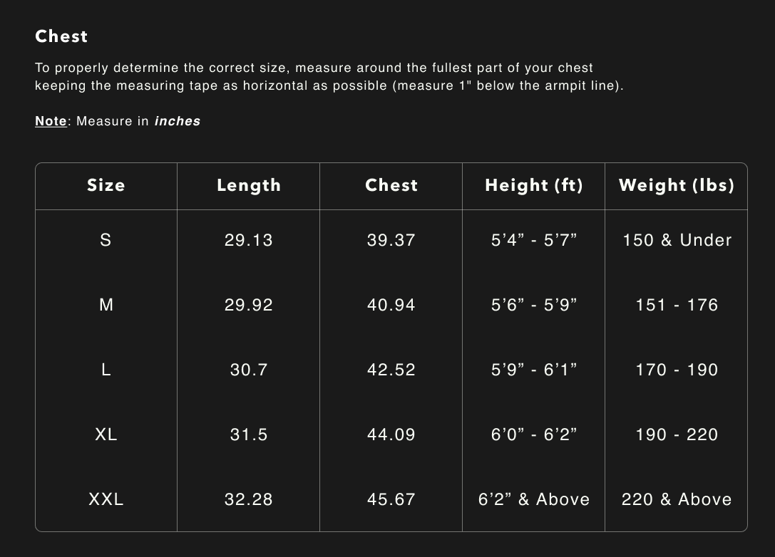 Men's Signature Fitted Tee - Scallop Bottom size chart